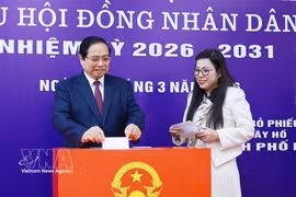 范明政总理和夫人来到河内市西湖坊第21投票区行使投票权 图自越通社