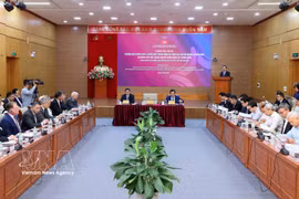 越共中央政治局委员、中央书记处书记、中央政策战略部部长阮青毅在会上发表讲话 图自越通社