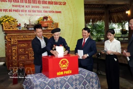 老年选民在宣光省新潮乡第一选举单位第一投票区投票 图自越通社