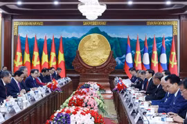 越共中央总书记苏林同老挝人民革命党总书记、国家主席通伦·西苏里会谈 图自越通社