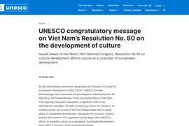 UNESCO发布祝贺越南文化发展决议的贺文