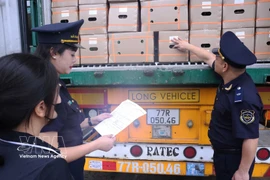 老街省海关人员在老街省金城国际陆路口岸检查进口货物。 图自越通社
