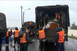 公安力量向庆和省博爱西乡的洪水灾区居民运送救援物资。图自越通社