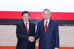 苏林总书记与通伦·西苏里总书记共同主持越共十四大成果通报会