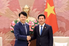 越南国会副主席阮鸿延会见韩国国会国土、基础设施和交通委员会副委员长卜基旺。图自越通社