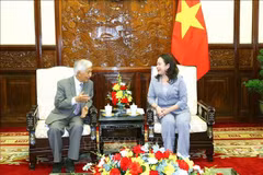 越南国家副主席武氏映春会见了“越南相遇”科学协会主席陈清云教授。图自越通社