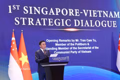 越共中央政治局委员、中央书记处常务书记陈锦秀在第一届越新战略对话上发表讲话。图自越通社