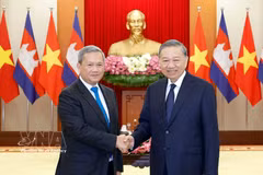 越共中央总书记、国家主席苏林会见柬埔寨首相洪玛奈。图自越通社