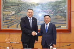 越共中央政治局委员、书记处常务书记陈锦秀（右）和新加坡公共服务署署长兼新加坡国际公共行政学院执行董事克里斯托弗·普拉加萨姆。图自越通社