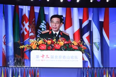 越南政府副总理、国防部长潘文江大将发表讲话。图自越通社