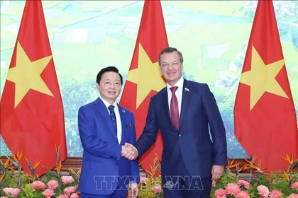 越南政府副总理陈红河会见俄罗斯联邦委员会第一副主席安德烈·亚茨金。图自越通社