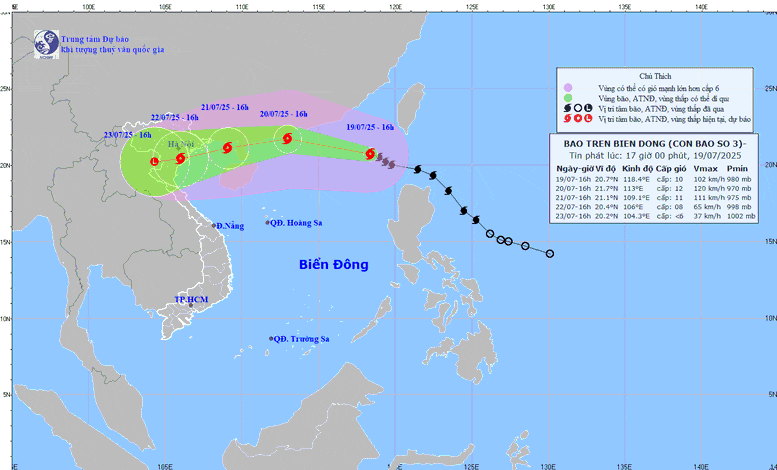 据预测，第3号台风于7月21日下午至晚间影响北部和北中部地区，带来强风和强降雨。国家气象水文预报中心供图
