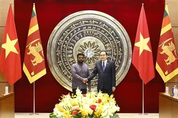 越南国会主席陈清敏会见斯里兰卡总统迪萨纳亚克。图自越通社