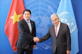 越南国家主席梁强会见联合国秘书长安东尼奥·古特雷斯。图自越通社