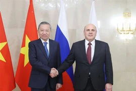 越共中央总书记苏林与见俄罗斯联邦总理米舒斯京亲切握手。图自越通社