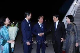 越南驻美国大使阮国勇和越南常驻联合国代表团团长杜雄越大使来到机场迎接国家主席梁强和夫人。图自 越通社