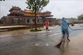 顺化古都遗迹保护中心在洪水退去后，动员干部和工作人员对顺化皇城区域进行清洁整理，为在条件允许时重新开放迎接游客做好准备。图自越通社