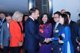 法国总统马克龙和夫人抵达河内， 开始对越南进行国事访问。图自越通社