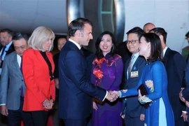 法国总统马克龙和夫人抵达河内， 开始对越南进行国事访问。图自越通社