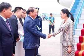 越南文化体育旅游部部长阮文雄来到机场迎接泰国总理佩通坦。图自越通社