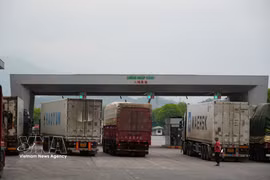 通过老街国际口岸入境越南的车辆。图片来源：越通社