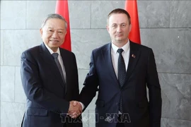 越共中央总书记苏林与白俄罗斯总理图尔钦亲切握手。图自越通社