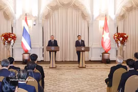 越共中央总书记、国家主席苏林与泰国总理阿努廷·参威拉军共同会见记者，通报会谈成果。图片来源：越通社