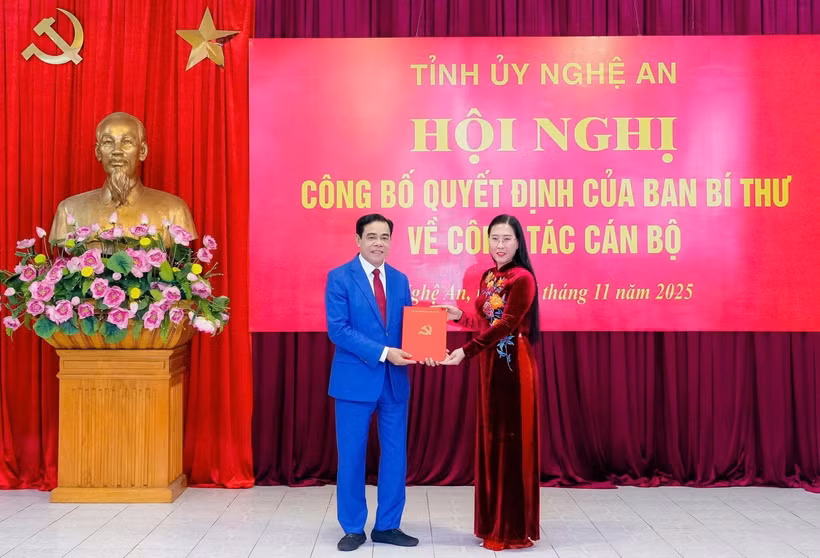 越共中央委员、中央组织部副部长裴氏琼芸向武仲海同志颁发决定。图自越通社