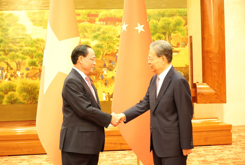 越共中央委员、国会副主席、越中友好议员小组主席陈光方会见中共中央政治局常委、全国人大常委会委员长赵乐际。图自越通社