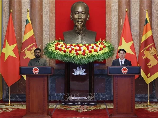 两位领导在举行会谈后共同会见记者。图自越通社