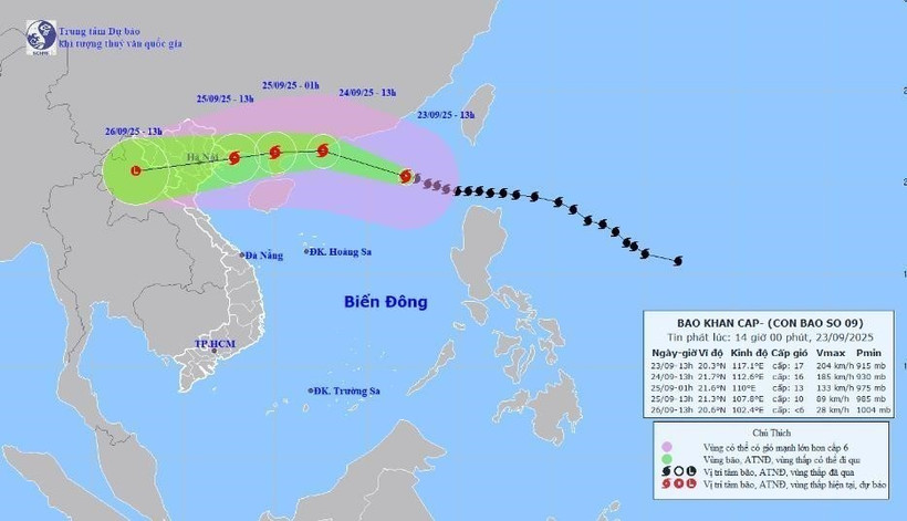 第9号台风9月23日16时的移动路径。图自越通社
