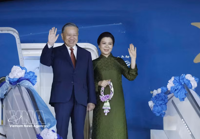 苏林总书记、国家主席和夫人启程对新加坡共和国进行国事访问。图自越通社