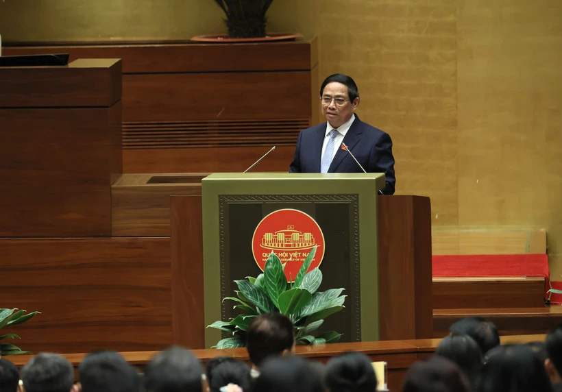 越南政府总理范明政在会上发表讲话。图自越通社