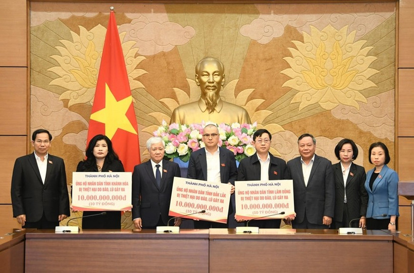 河内市委常务副书记阮文锋代表首都党委、政府和人民，分别向得乐省、林同省和庆和三省各移交100亿越盾援助款项。图自laodongthudo.vn