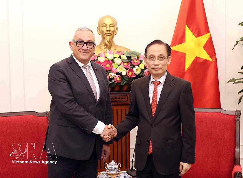 越南外交部部长黎怀忠与欧盟国际关系事务委员约瑟夫·西克拉合影。图自越通社