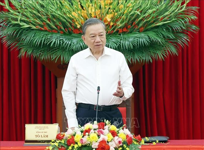 越共中央总书记苏林在会上发言。图自越通社