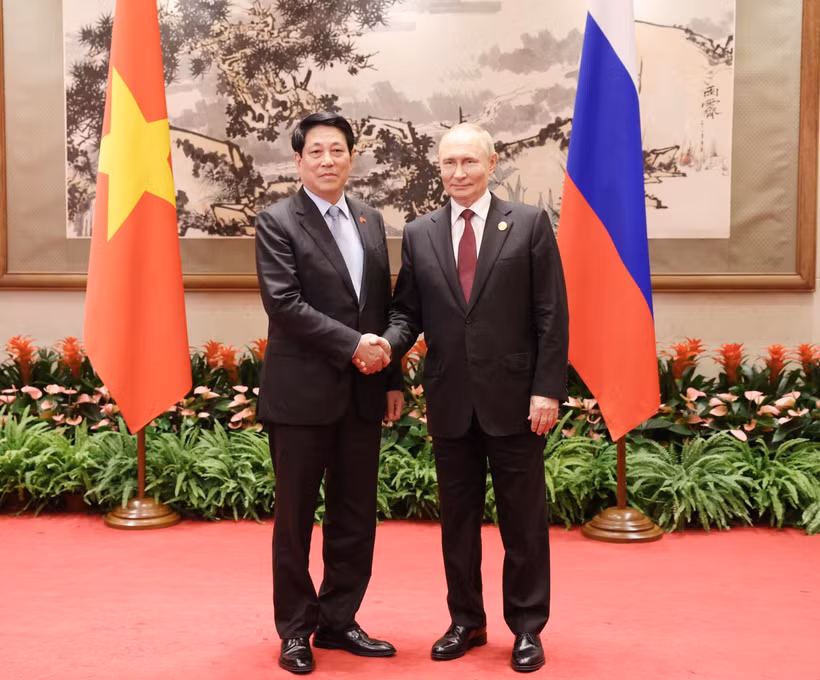 越南国家主席梁强会见俄罗斯总统普京。图自越通社