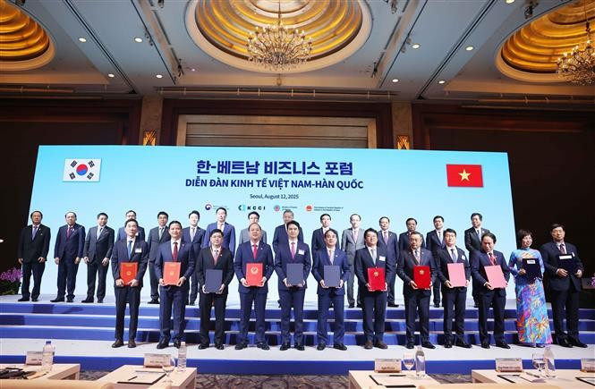 苏林总书记与韩国总理金民锡共同见证越韩双方交换多份双边合作文本。图自越通社