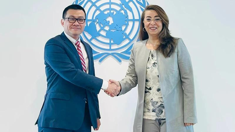 越南常驻奥地利维也纳联合国和其他国际组织代表团团长武黎泰黄大使与联合国毒品和犯罪问题办公室执行主任加达·瓦利女士。图自越通社