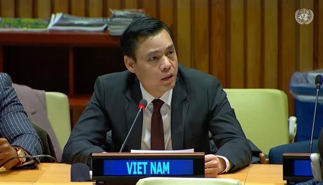 越南常驻联合国代表团团长邓黄江大使在会上发表讲话。图自越通社