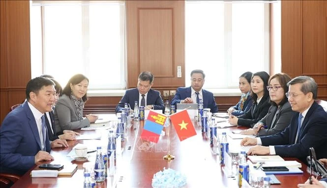 越南最高人民法院代表团与蒙古国最高法院举行工作会谈。图自越通社