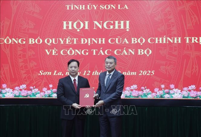 黎明兴部长向黄文严同志颁发任命决定书。图自越通社