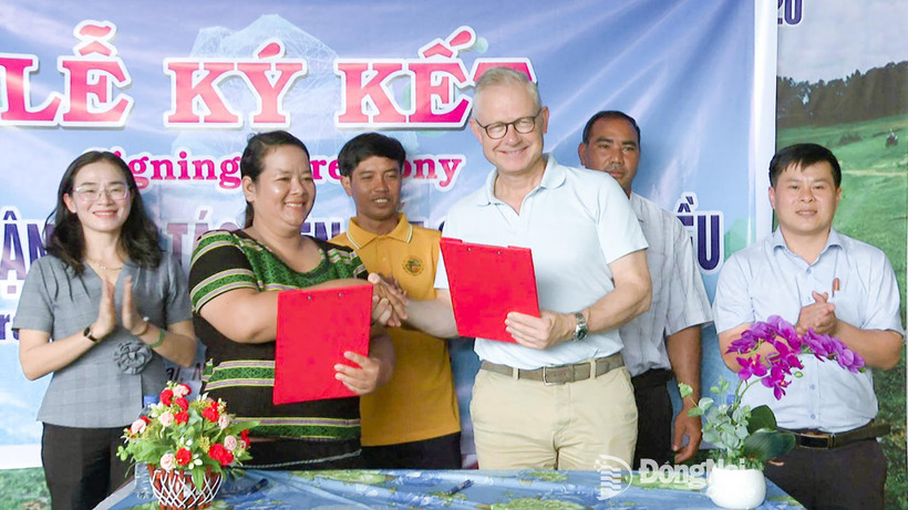 布沥（Bù Lạch）草地有机腰果农业合作社社长氏快与越南英特斯纳克腰果有限公司代表签署腰果收购合作协议。图自同奈报。