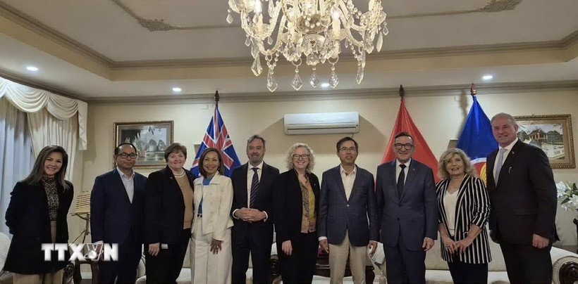 越南驻澳大利亚大使范雄心（右四）、澳大利亚-越南友好议员小组主席莎伦·克莱登（右五）与各位主要成员合影。图自越通社