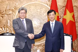 越共中央组织部部长阮维玉会见日本自民党代理干事长萩生田光一。图自越通社