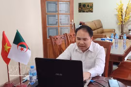 越南商务参赞黄德润在在线的出口咨询会上发言。图自越通社