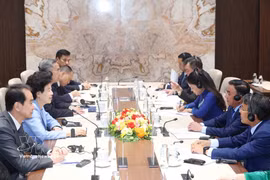 越共中央政治局委员、中央书记处常务书记陈锦秀在河内会见中国全国政协副主席咸辉一行。图自越通社