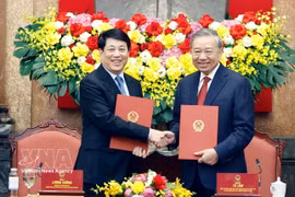 越共中央总书记、国家主席苏林与原国家主席梁强交接工作。图自越通社
