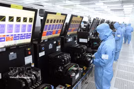 在宁平省福山工业园区MCNEX VINA有限责任公司（100%韩资）工厂内，生产用于出口的摄像头模组及电子元件的生产线。图自越通社