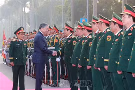 苏林总书记与与会代表握手。图自越通社
